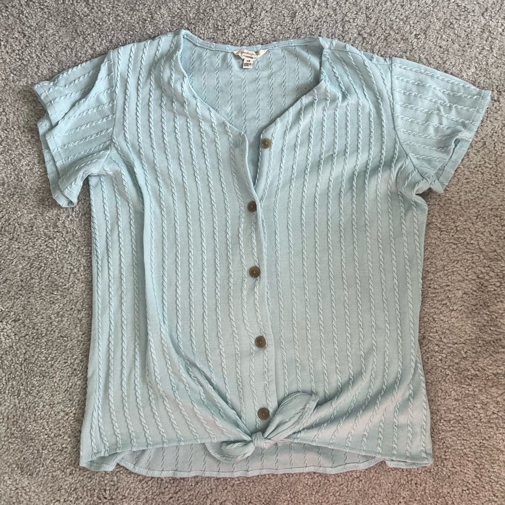 Weatherproof Pale Blue Short Sleeve Button-Front Tie Hem Top